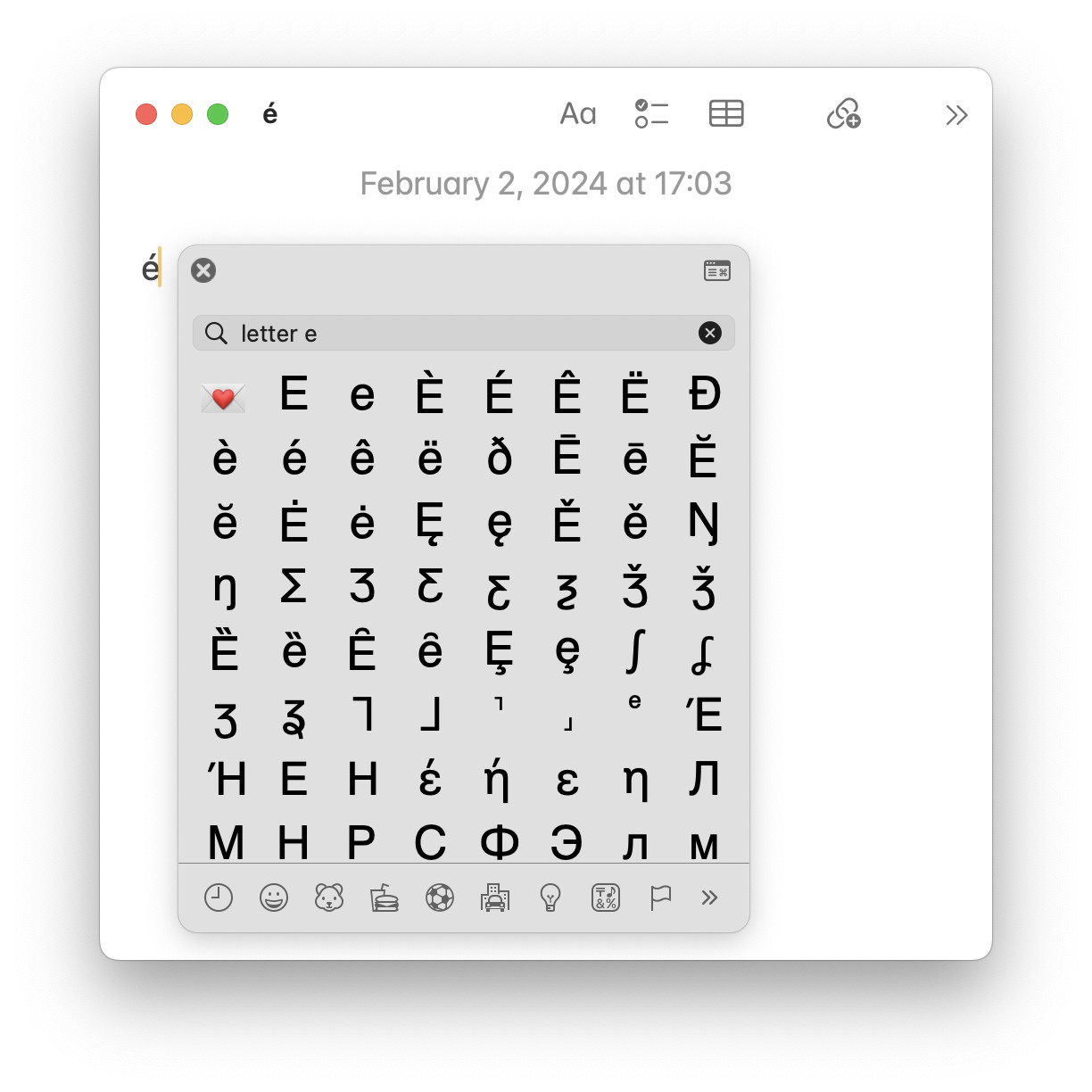 Find accented letters E using the Mac Character Viewer or emoji panel