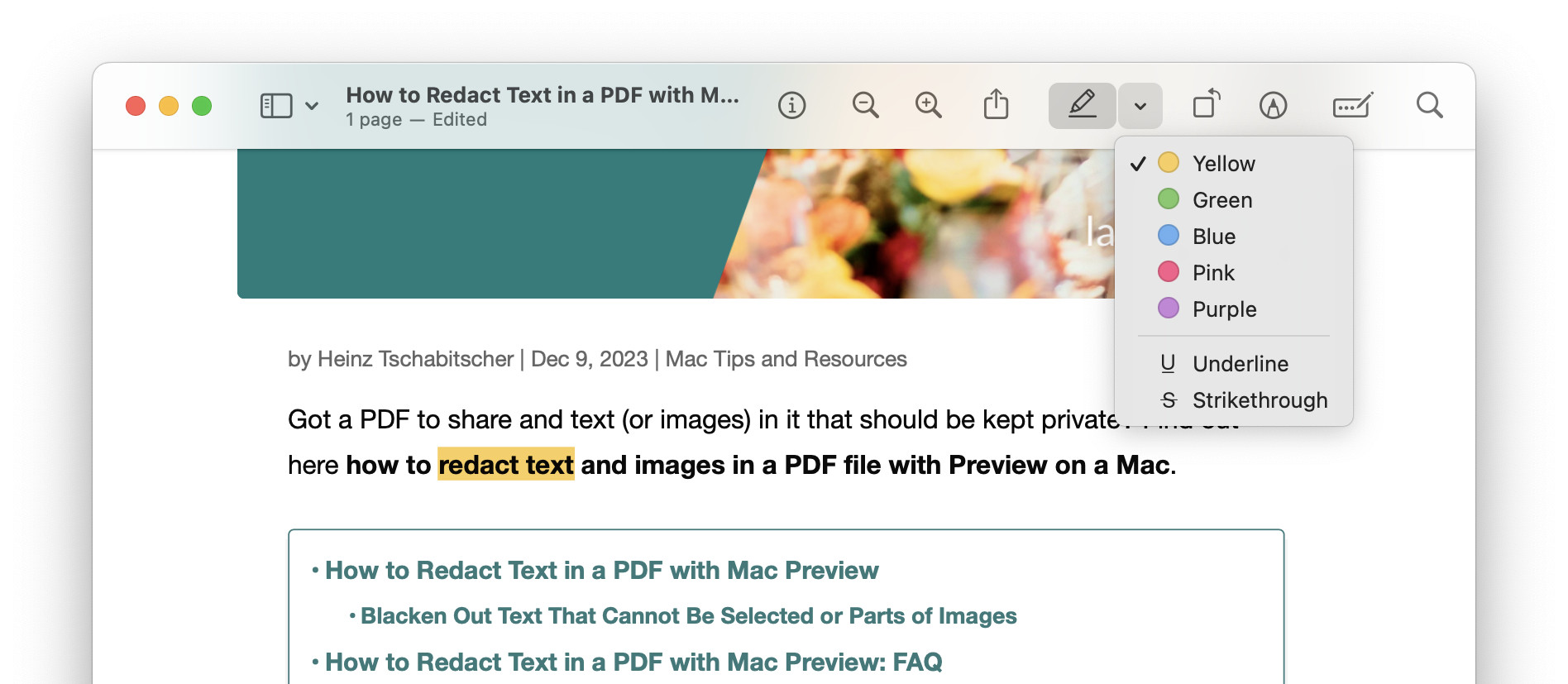 Highlight text in Preview in one of 5 colors