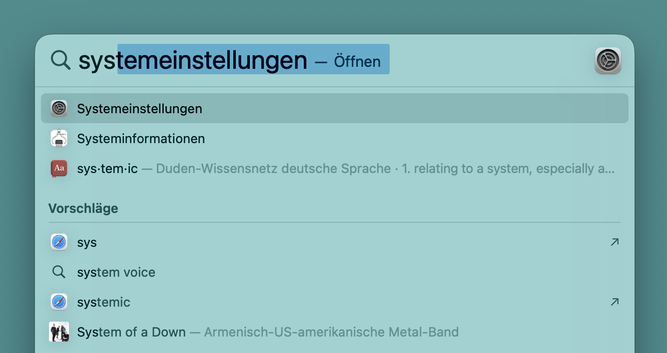 Man kann die Systemeinstellungen auch mit des Macs Spotlight-Suche öffnen
