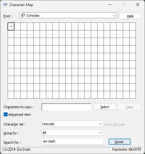 Find and copy em dash using Character Map on Windows