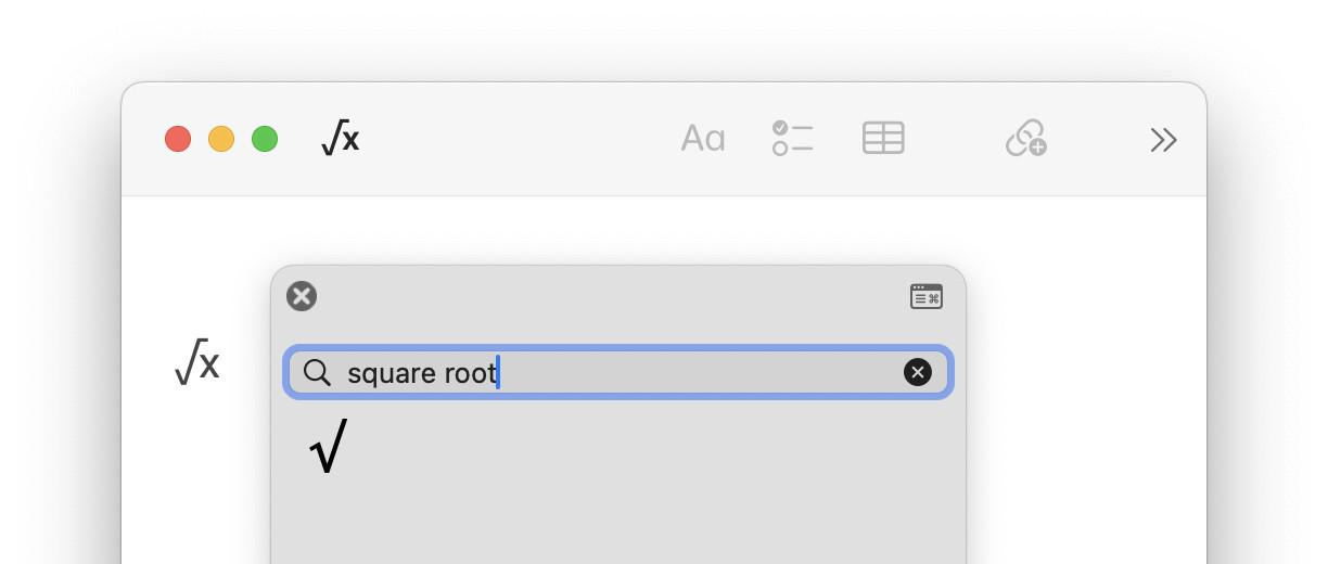 Inserting the square root symbol on a Mac using the emoji panel