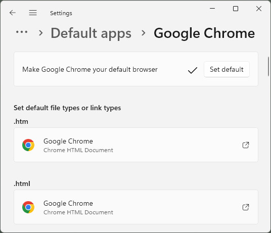Make Chrome the default browser in Windows 11 Settings