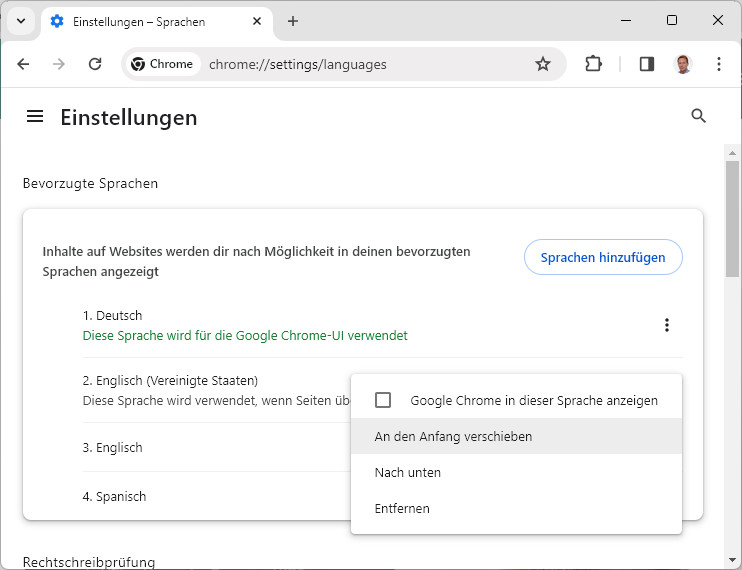 Sortieren Sie die Sprachen in Google Chrome nach Präferenz