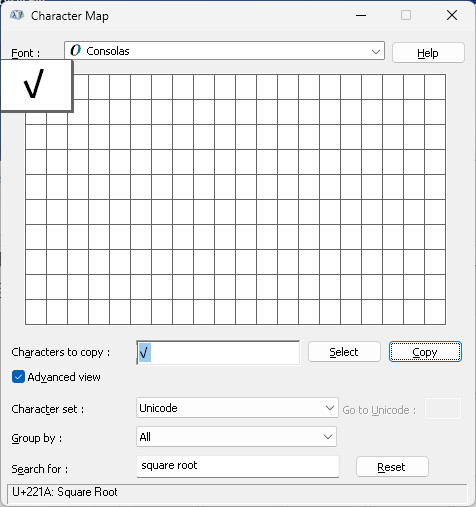 The square root symbol in Windows Character map