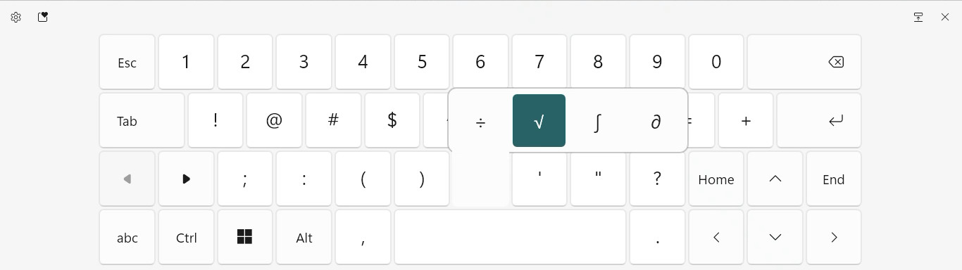 Using the Windows touch keyboard to insert the symbol for square root