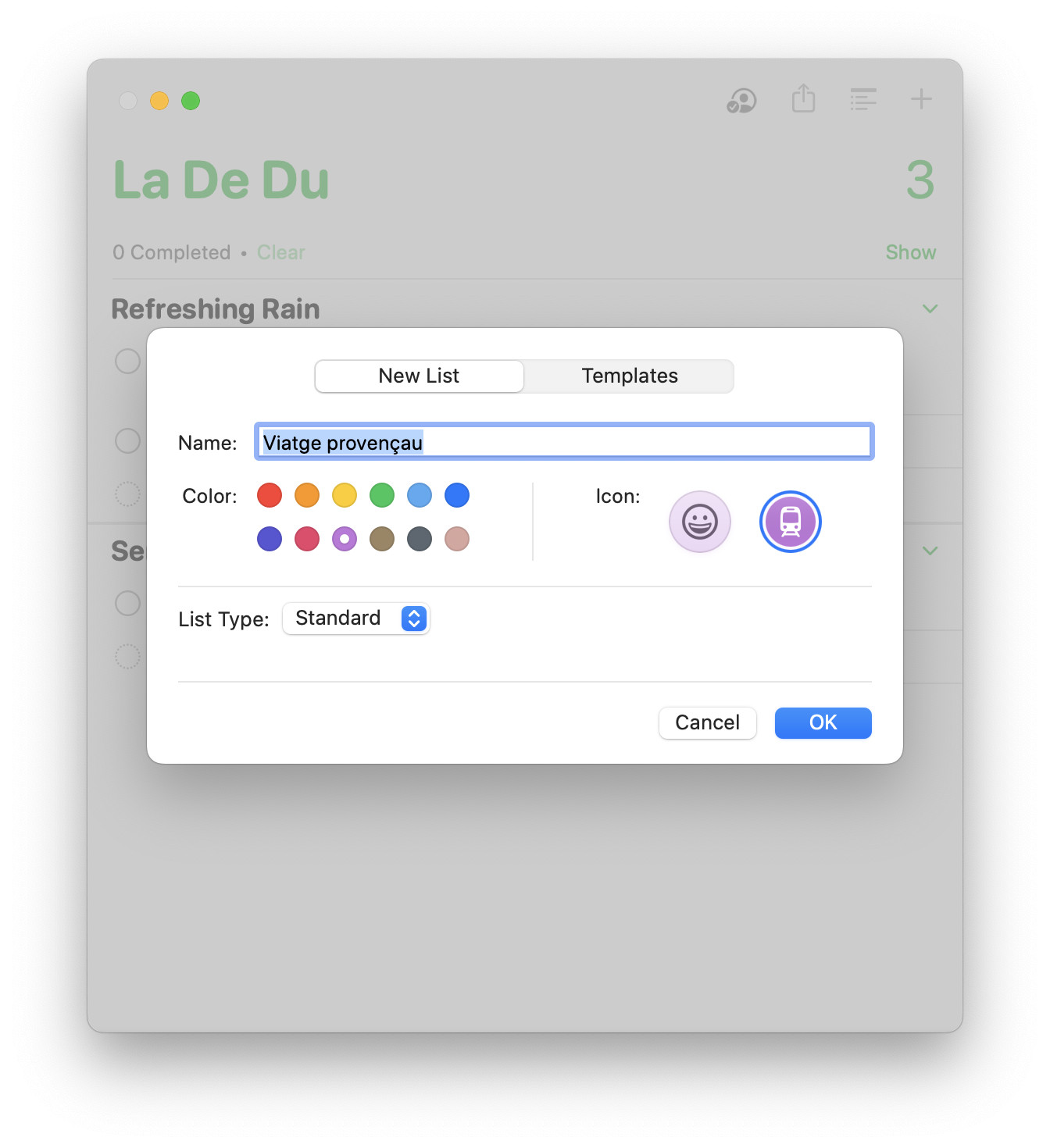 Adding a new to-do list in the Apple Reminders app on a Mac