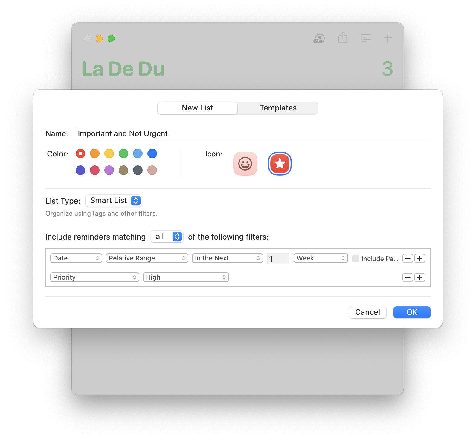 Adding a smart list to Apple Reminders on a Mac