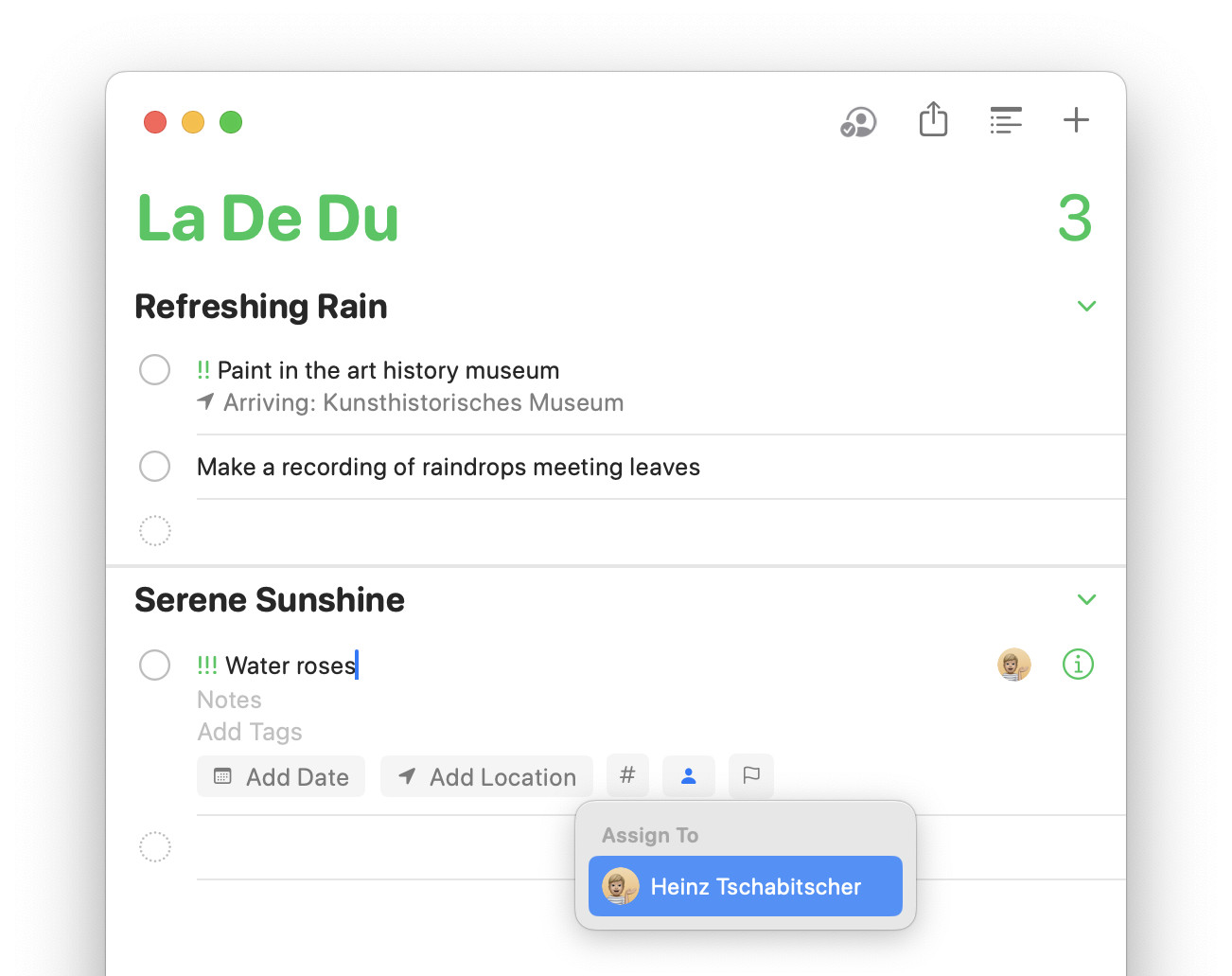Assigning a to-do item to a list member in the Apple Reminders app on a Mac