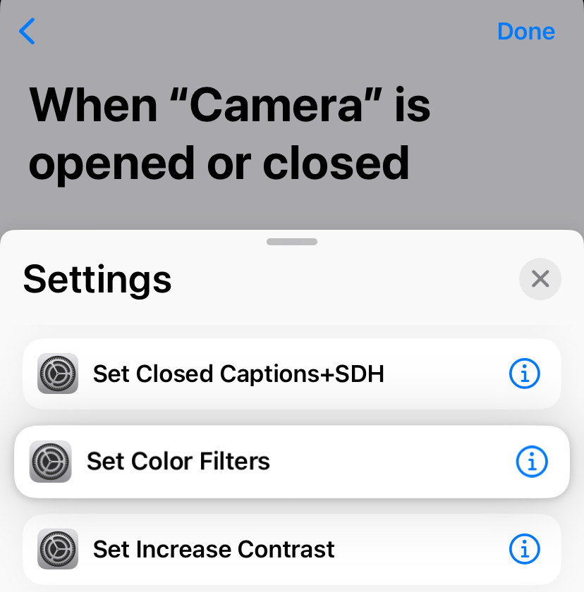 Choose the “Set Color Filters” action to toggle grayscale mode for specific apps on an iPhone