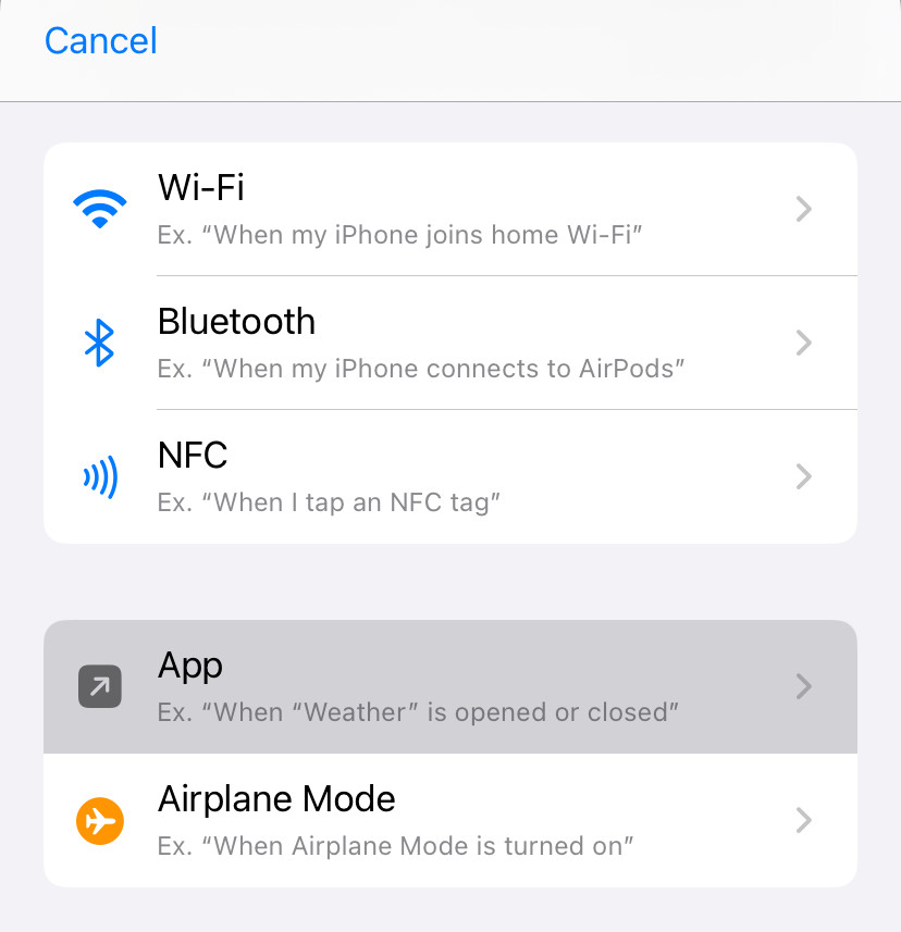 Create a new app automation in iPhone Shortcuts
