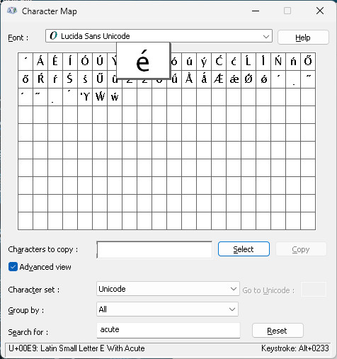 Finding and inserting accented letters using Windows Character Map