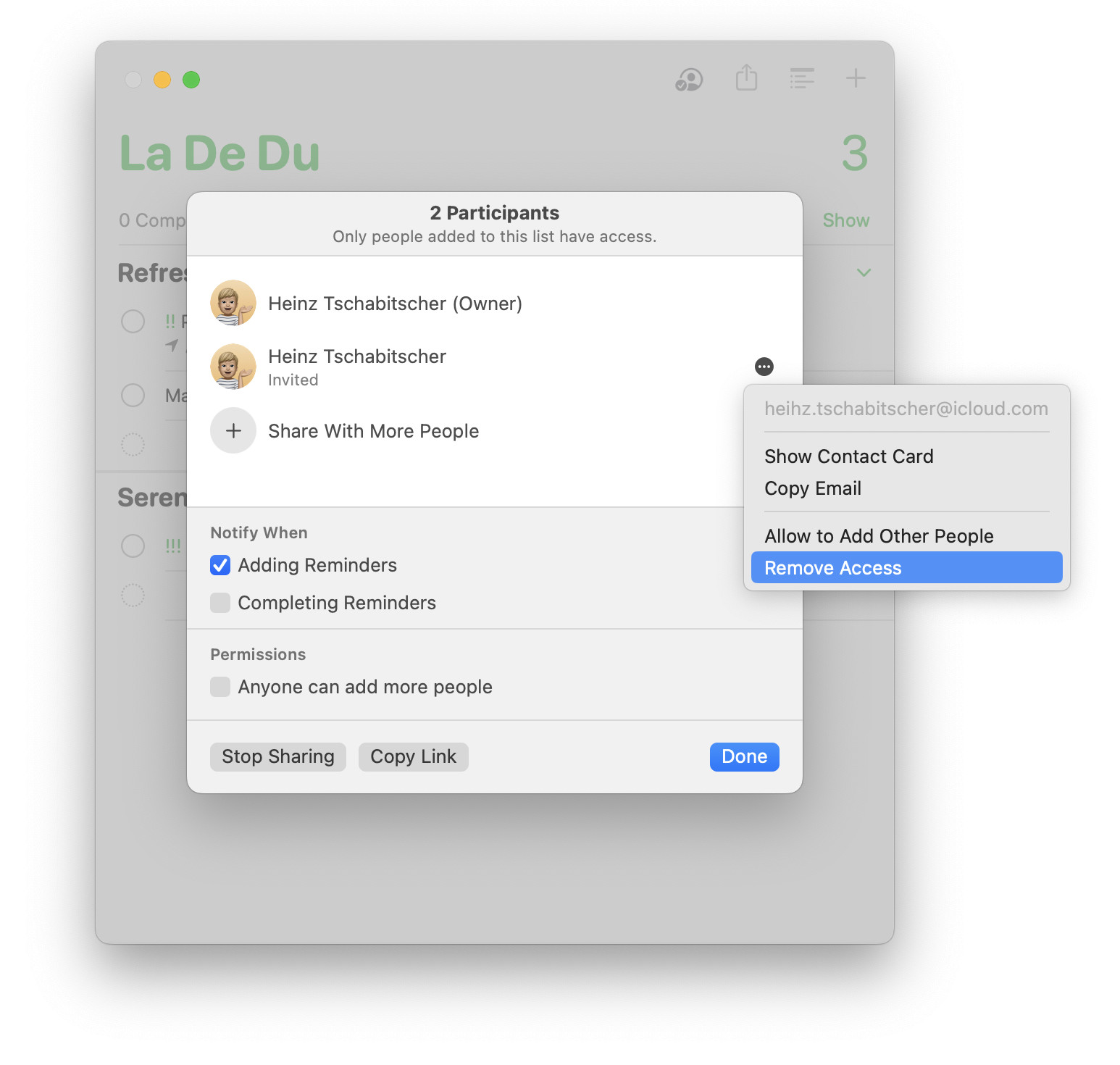 Revoking access to a shared list in Apple Reminders on a Mac