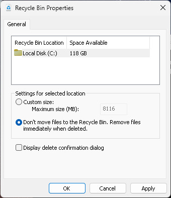 Select “Don’t&nbsp;move&nbsp;files&nbsp;to&nbsp;the&nbsp;Recycle&nbsp;Bin” to disable the recycle bin on Windows
