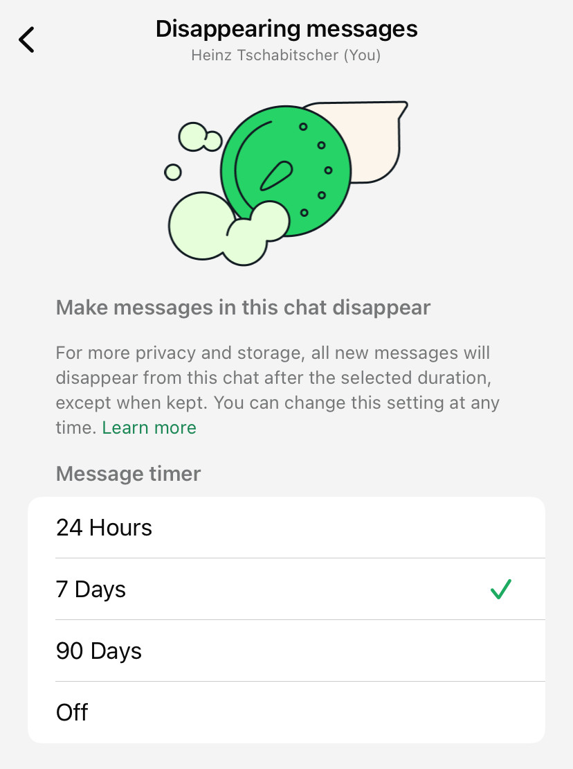 Turn on disappearing messages in WhatsApp for iOS