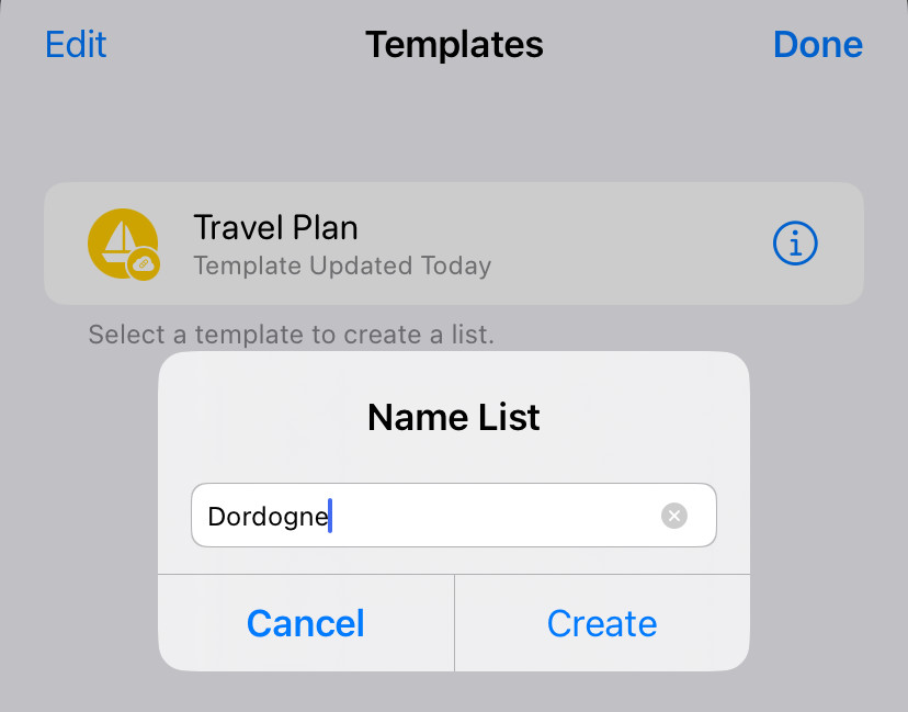 Creating a new list from a template in Apple Reminders on an iPhone