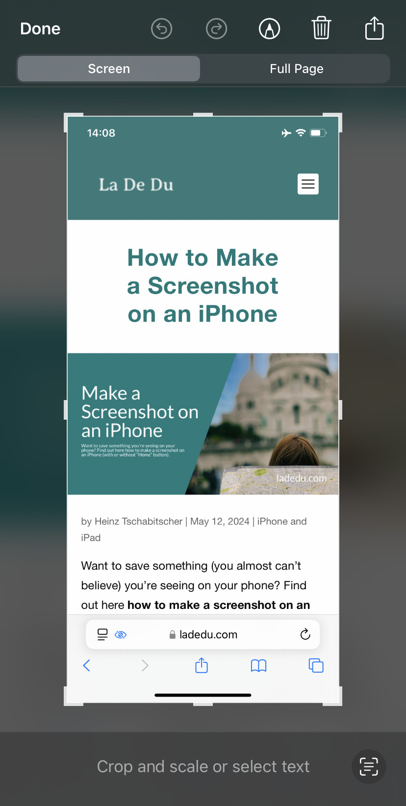 Editing a screenshot right after taking it on an iPhone