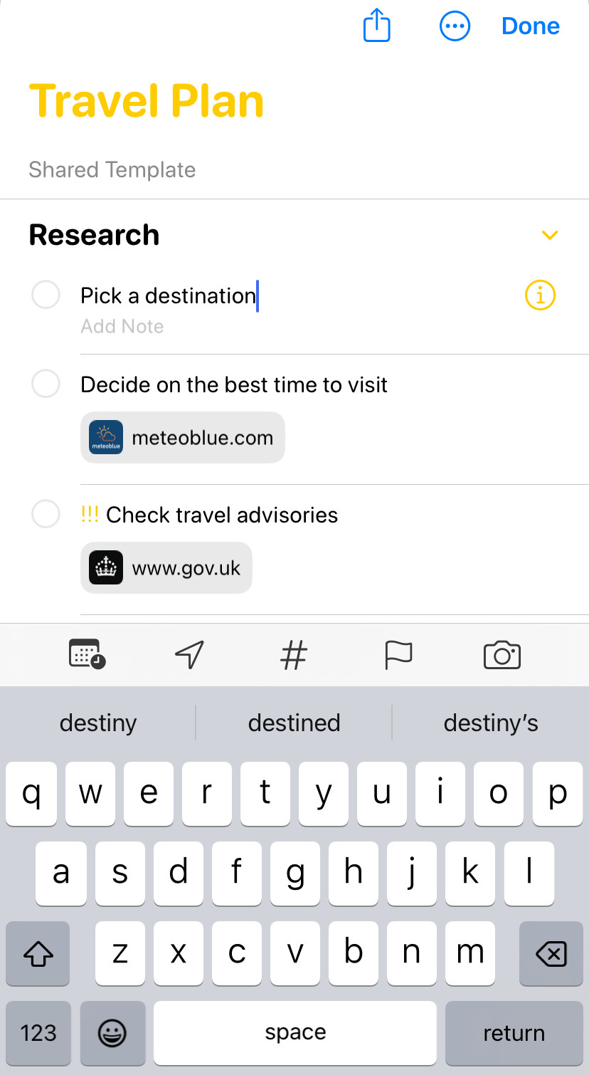 Editing a template’s task in Apple Reminders
