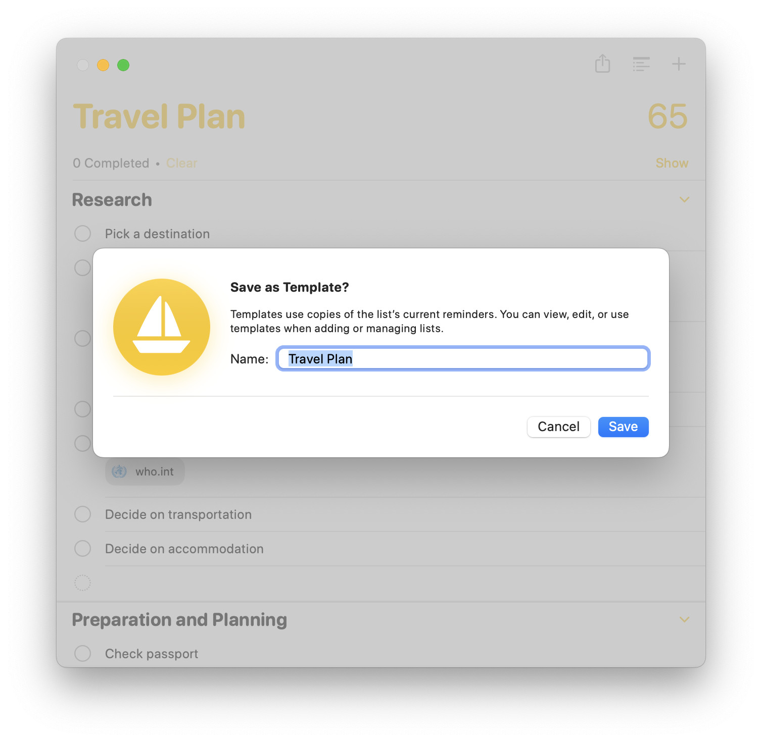 Saving a to-do list template in Apple Reminders on a Mac