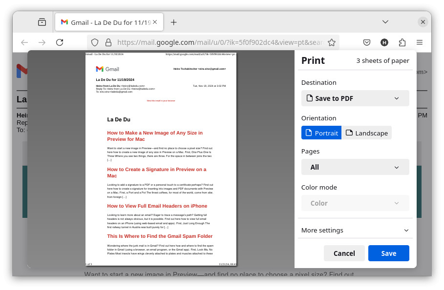 Saving an email to PDF from Gmail on Linux