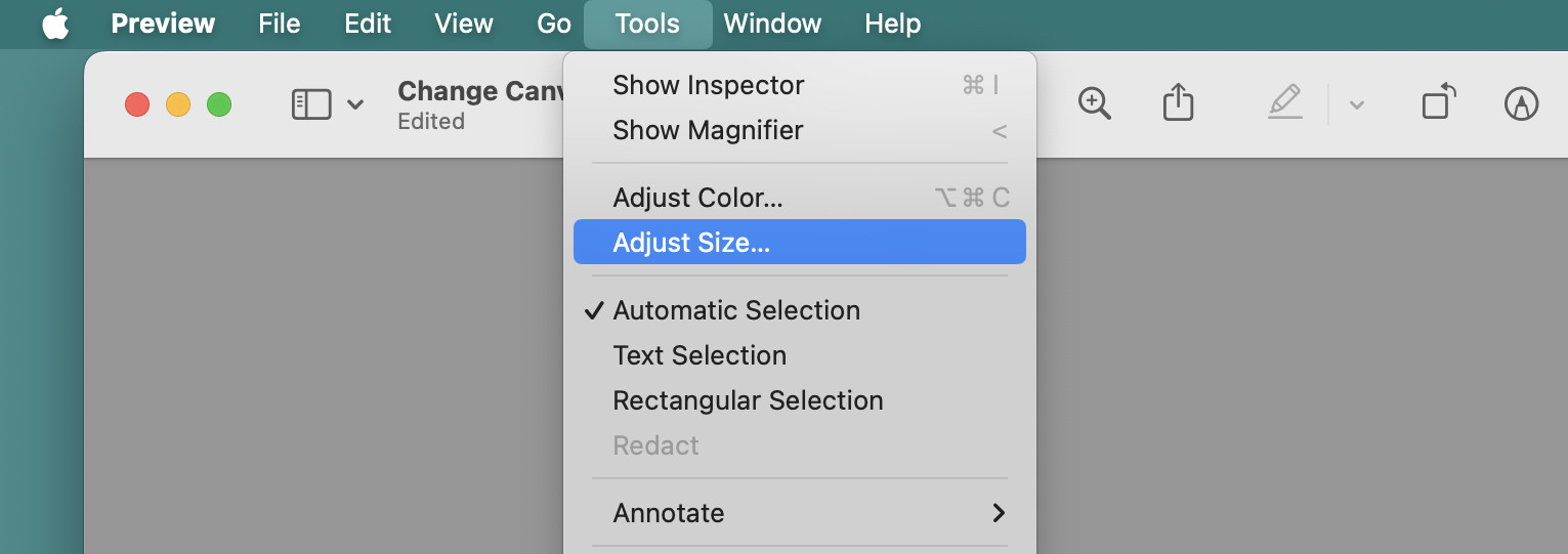 Select “Tools | Adjust Size…” to change the canvas size in Preview