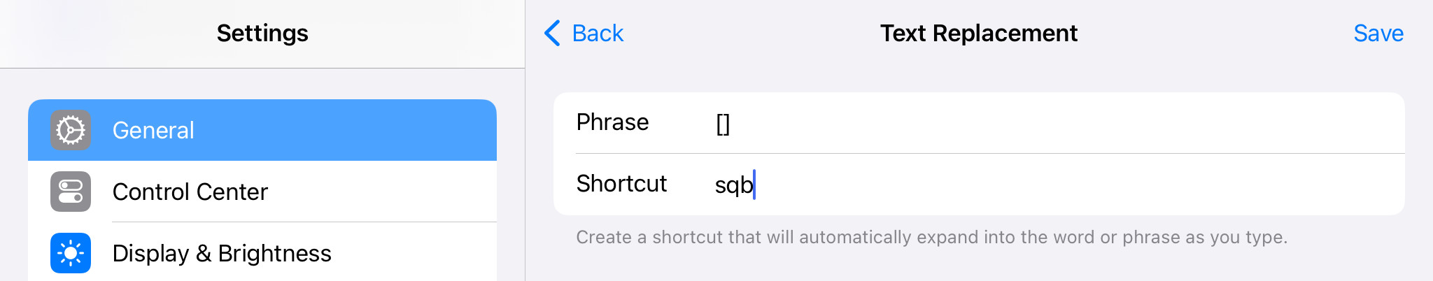 Set up a text replacement to enter square brackets fast on an iPad