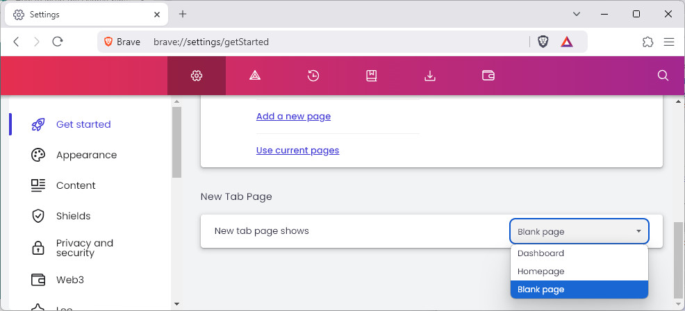 Use a blank new tab page in Brave browser