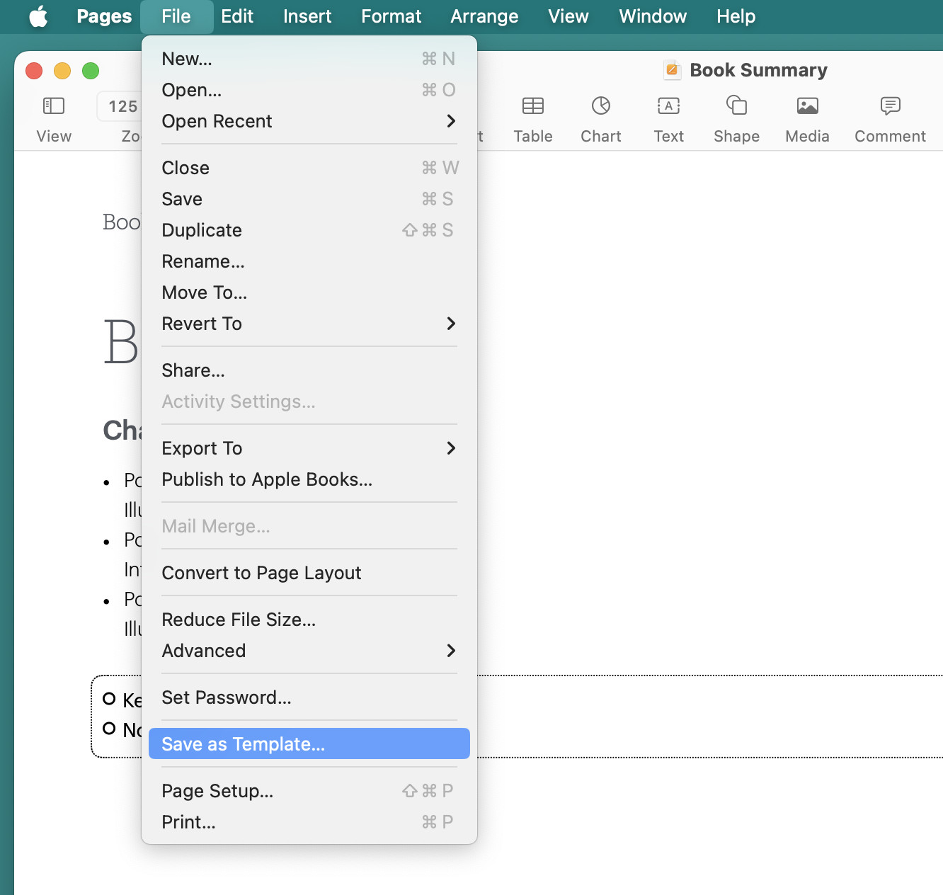 Choose “Save as Template… to set up a document template in Pages, Numbers or Keynote