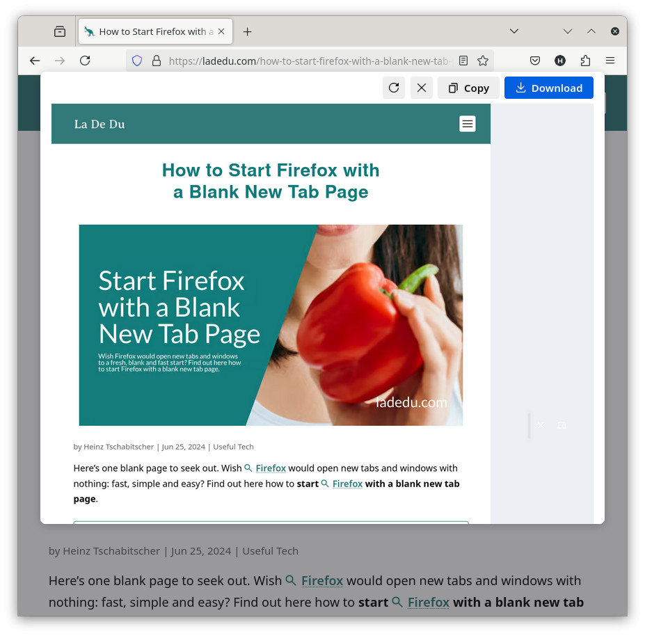 Click “Download” to save a full page as a screenshot in Firefox