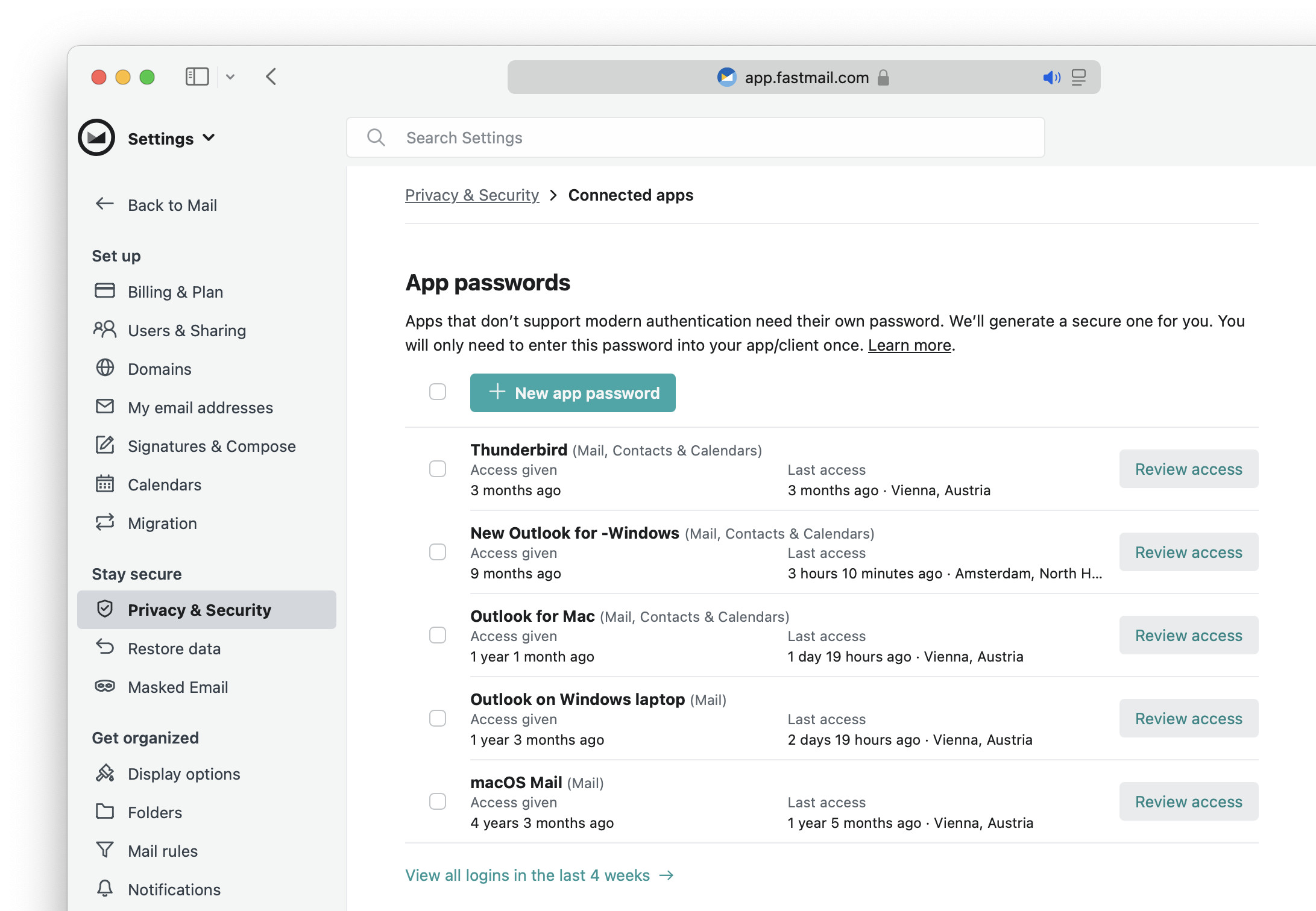 Click “New app password” to create a new application password for accessing Fastmail