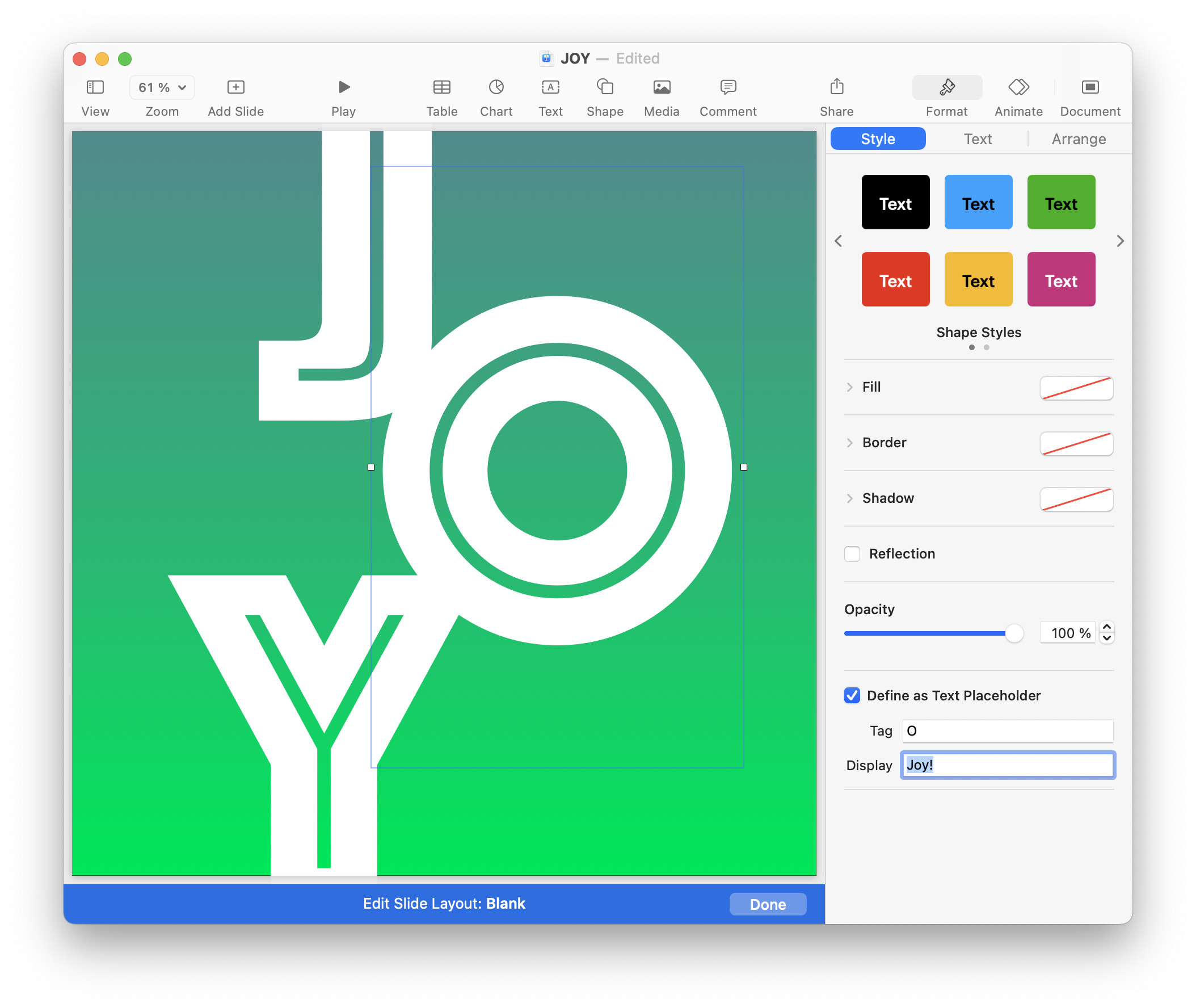 Define placeholder text for a slide layout in Keynote for Mac