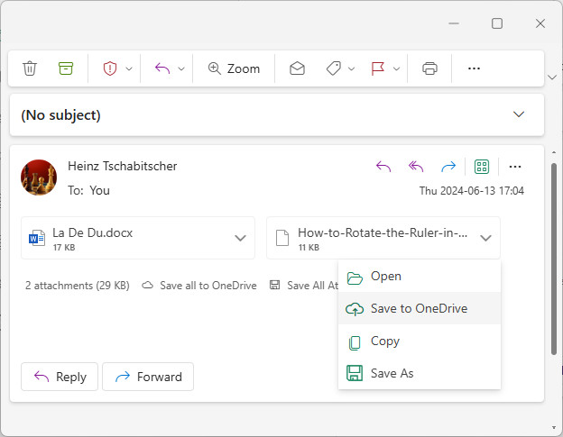 Download an attachment from Outlook for Windows or save it to OneDrive