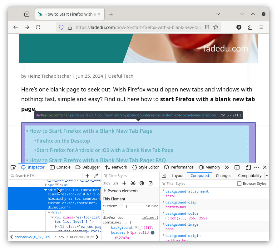 Find the part of HTML code that encompasses the part of the web page you want to remove in Firefox Inspector