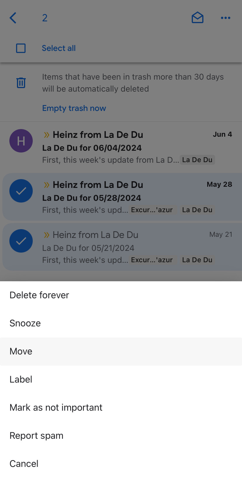 Recovering messages from the trash in the Gmail app for iOS