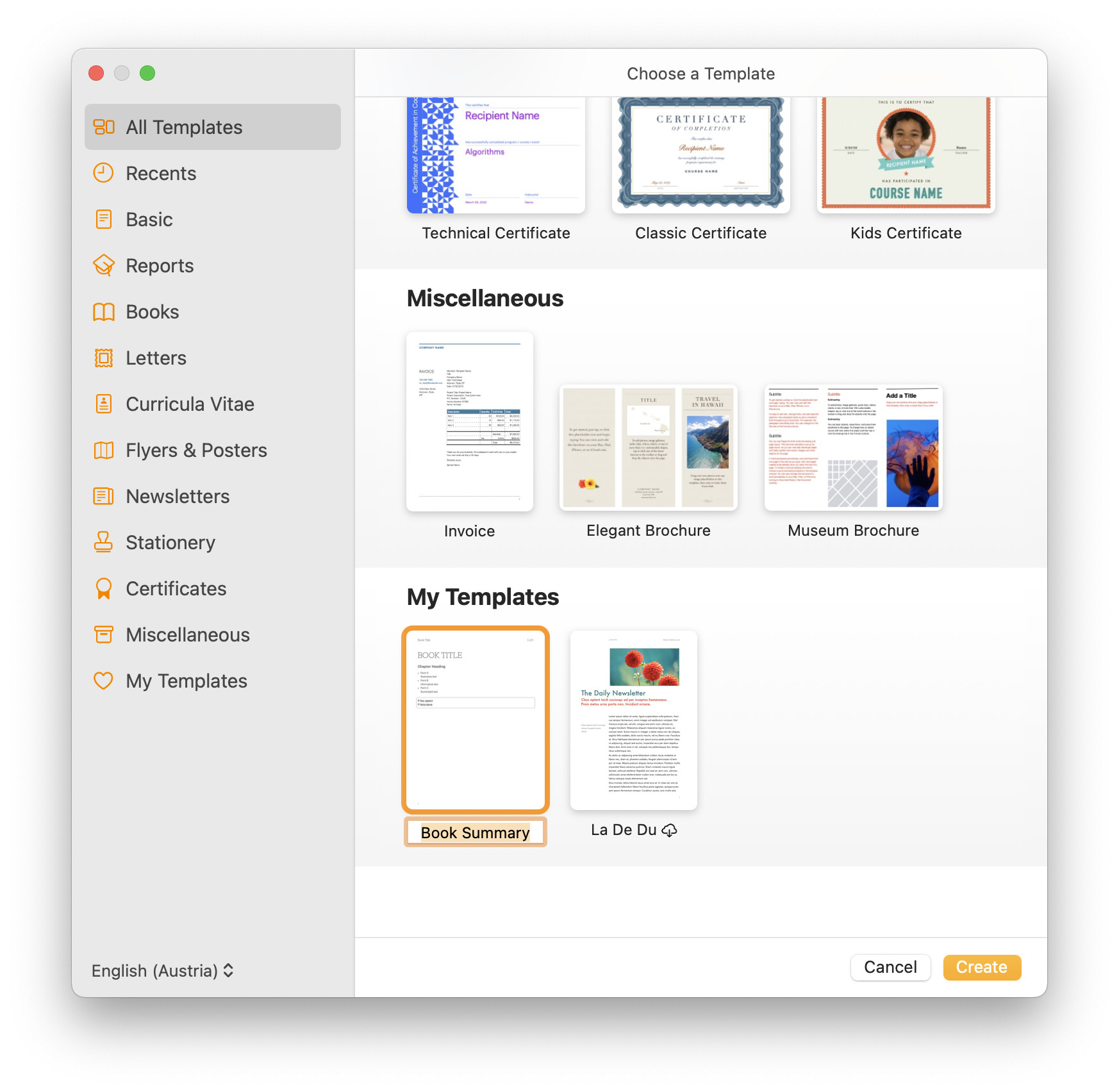 Saving a template in Pages for Mac