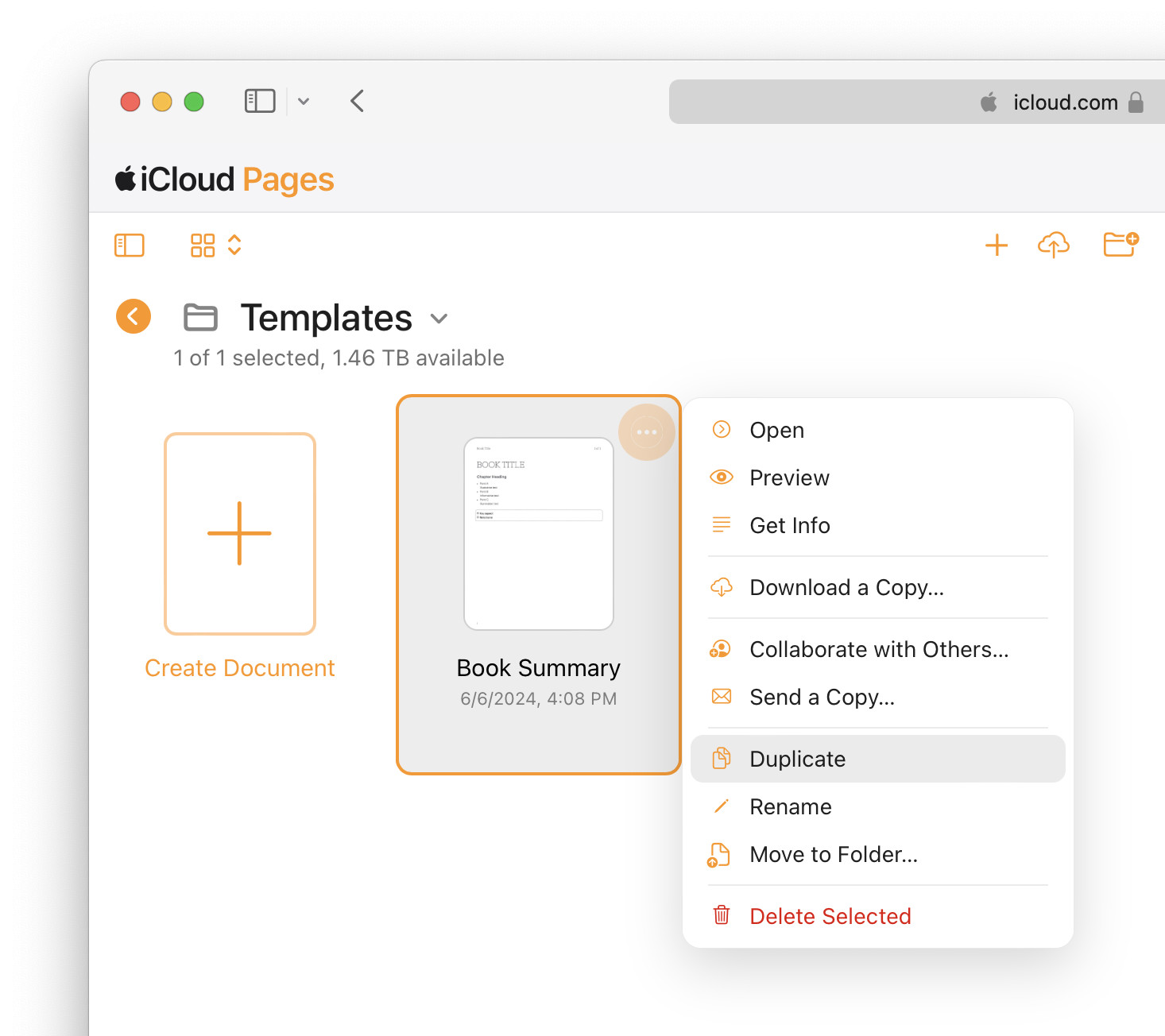 Using templates in iCloud Pages with “Duplicate”