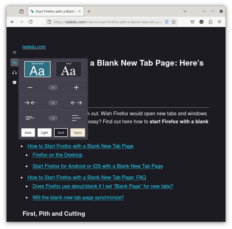 A page in Firefox reader view dark mode