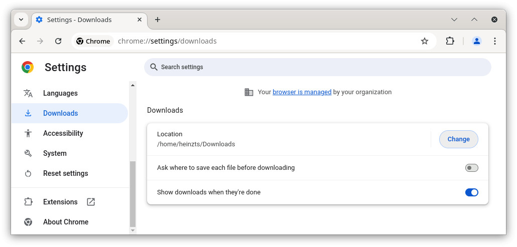 Change the default downloads folder in Google Chrome on the desktop