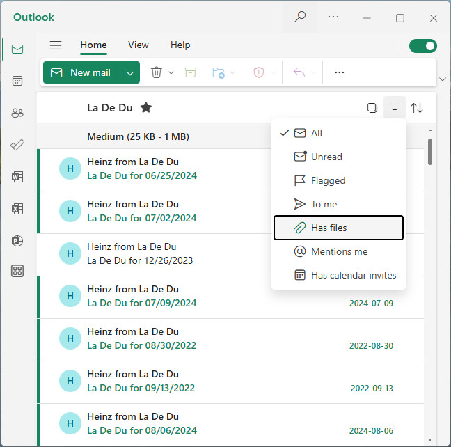 Enable the “Has files” filter to see only emails with attachments in Outlook