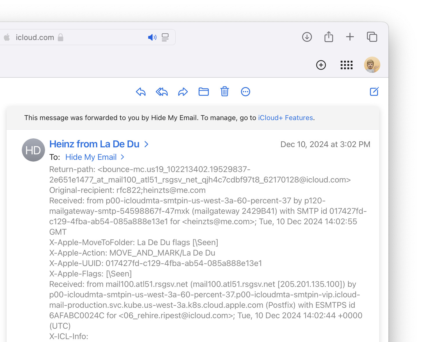 Full email headers at display in iCloud Mail