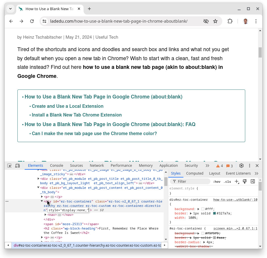 Hide an element on a page using Chrome developer tools