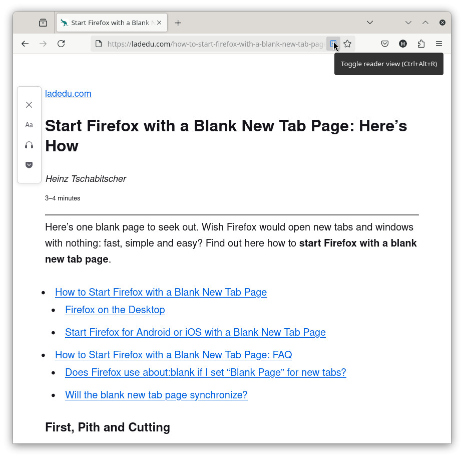 Open a page in Firefox reader view using the botton in the address bar