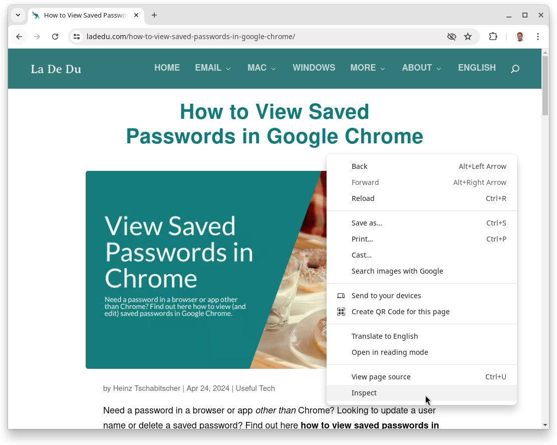 Select “Inspect” somewhere on the page to bring up Inspector in Chrome