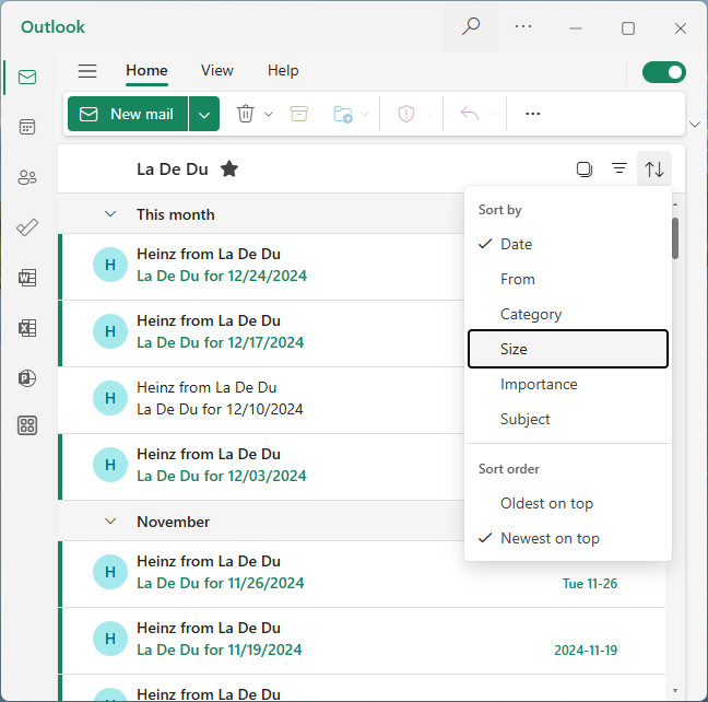 Select “Size” to sort an Outlook folder by size