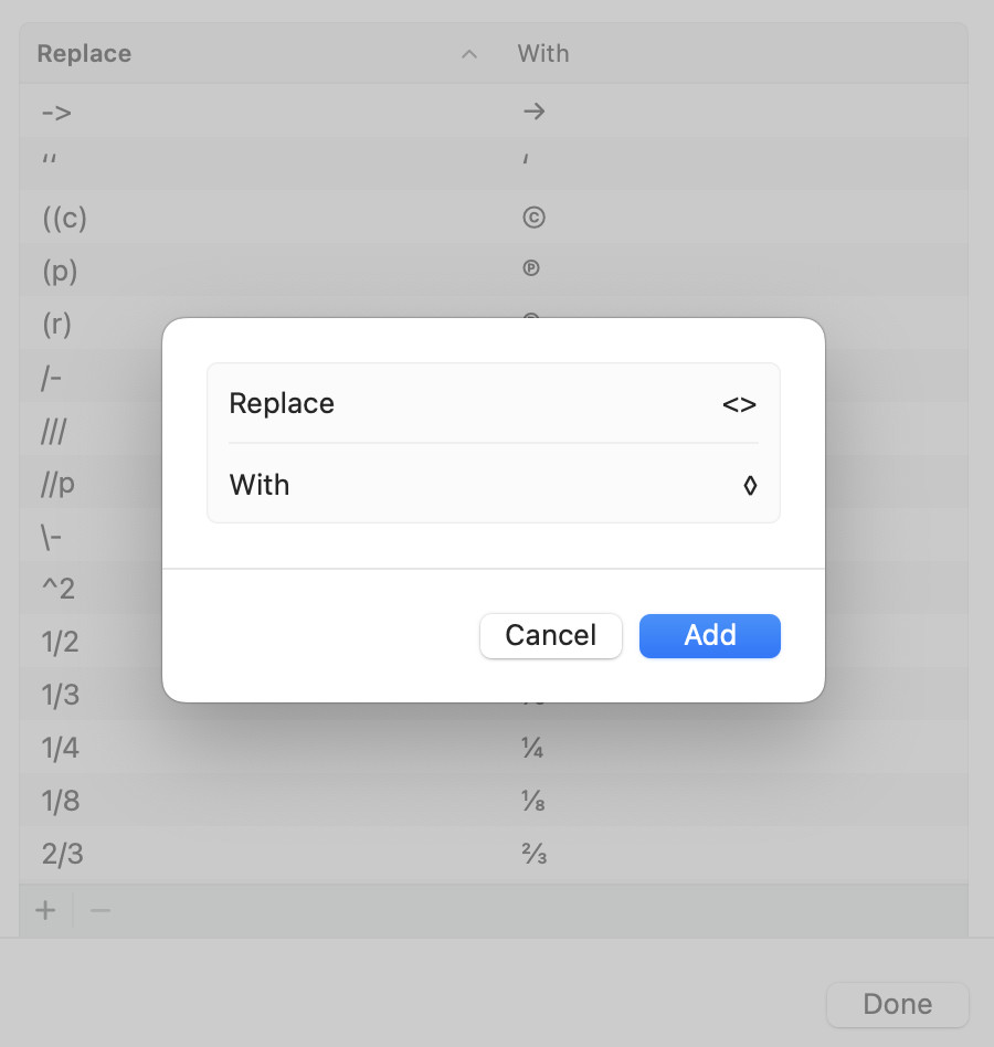 Set up text expansion for the lozenge character on a Mac