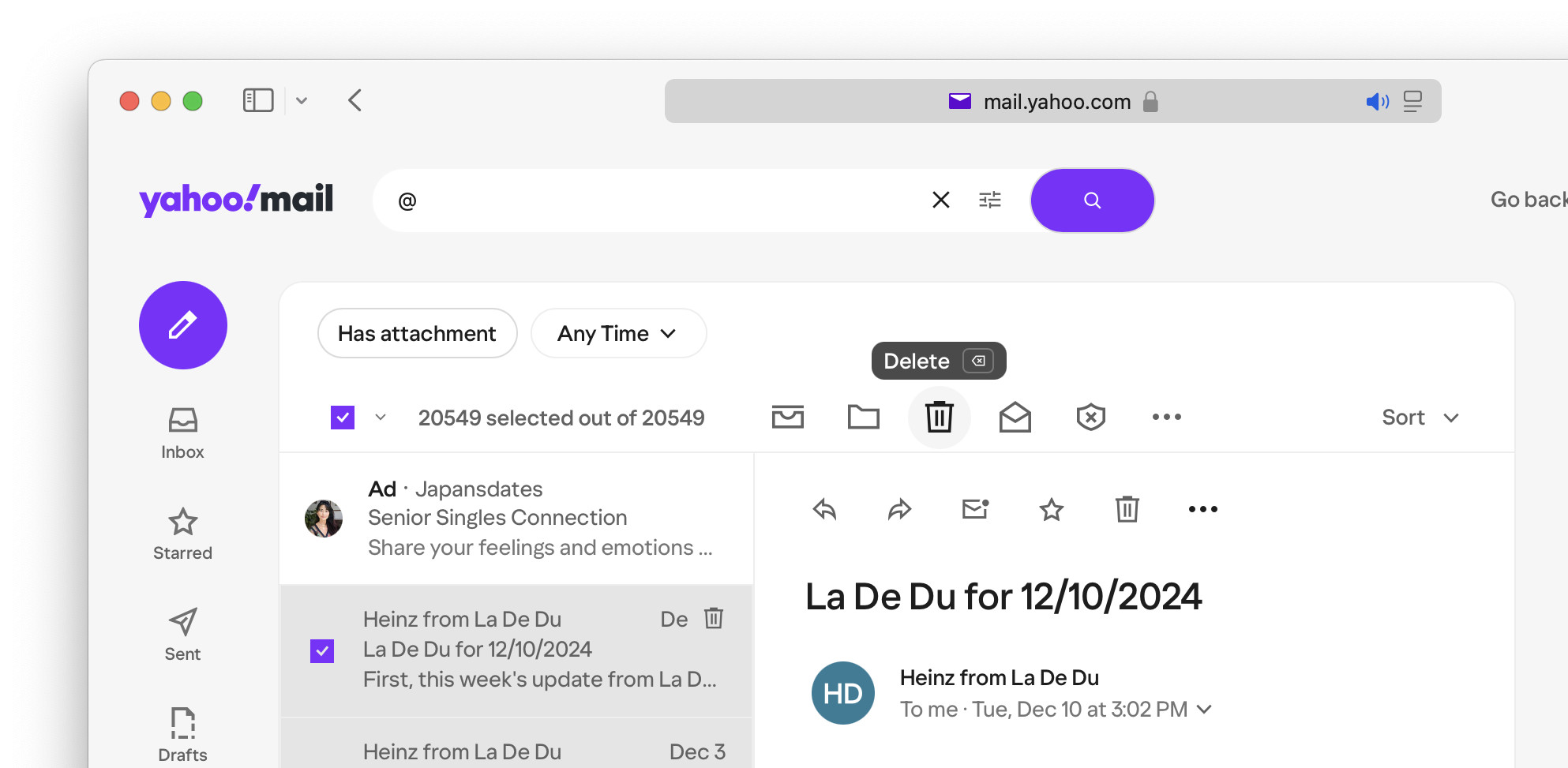 With all emails in Yahoo Mail selected, click “Delete”