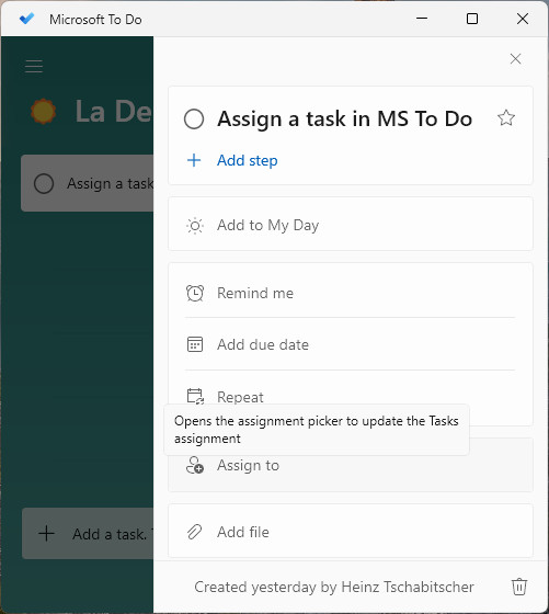 Click “Assign to” on a task’s details page to assign a task in MS To Do