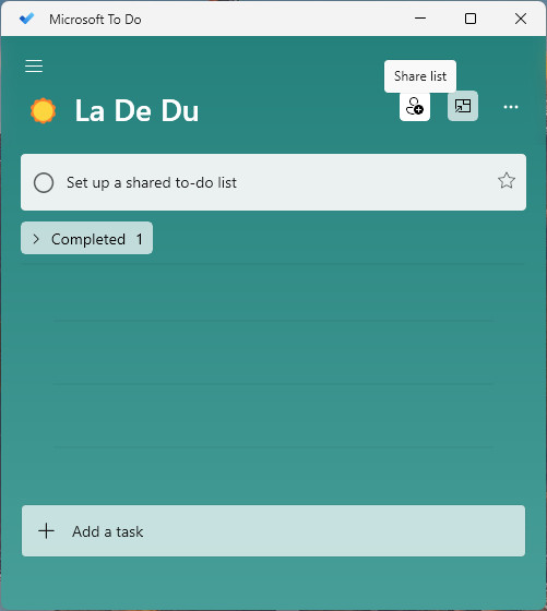 Click “Share list” to start sharing a list in Microsoft To Do