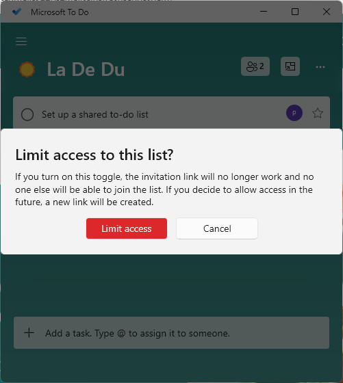 Limit access for a shared list to current members in MS To Do