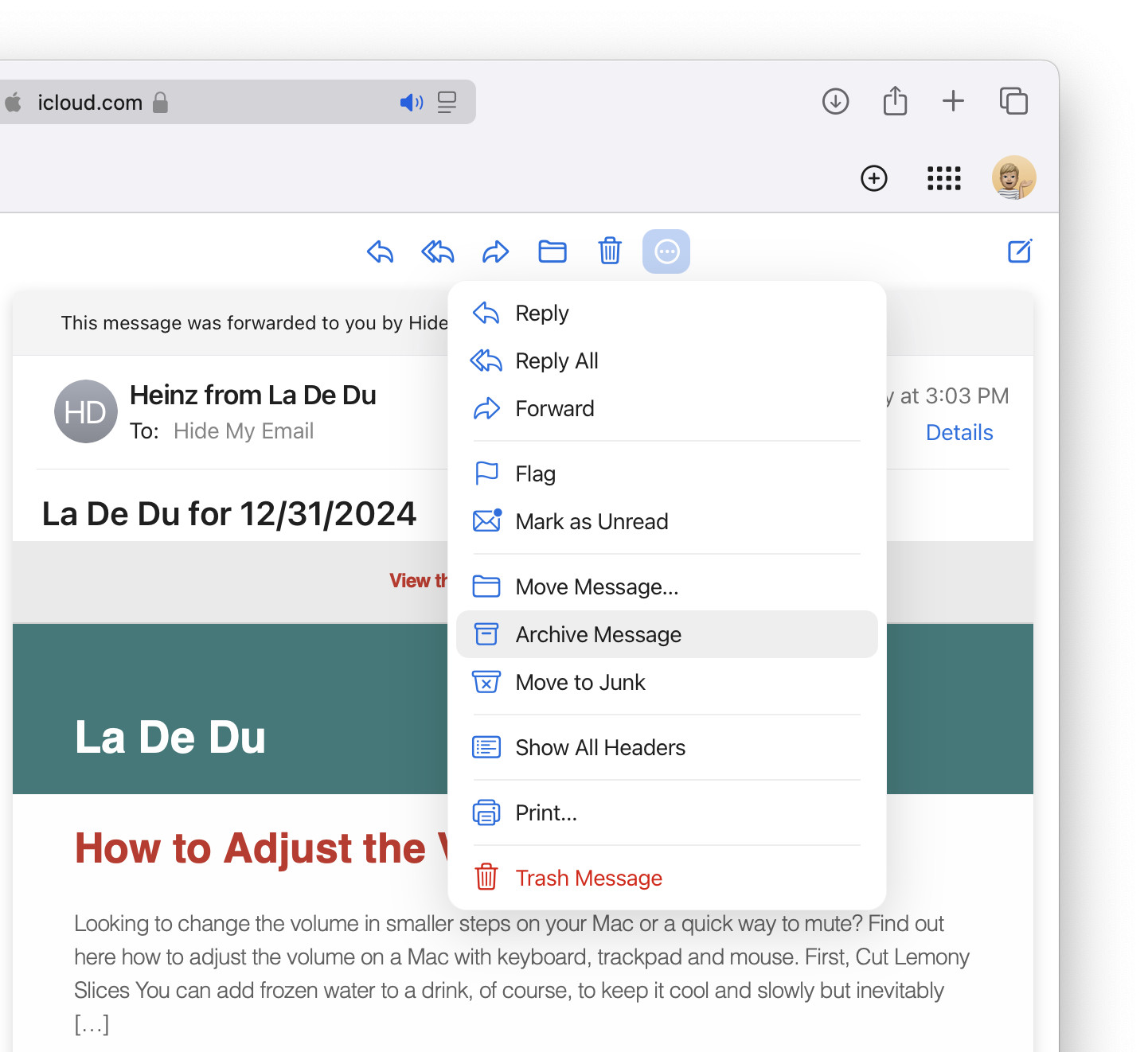 Moving an email to the iCloud Mail “Archive” folder at iCloud.com