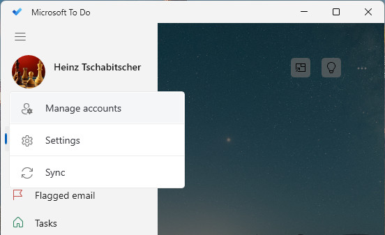 Open settings in Microsoft To Do for Windows